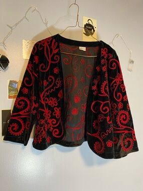 Parsley & Sage Black Velvet Open Cardigan with Pink Embroidered Swirls